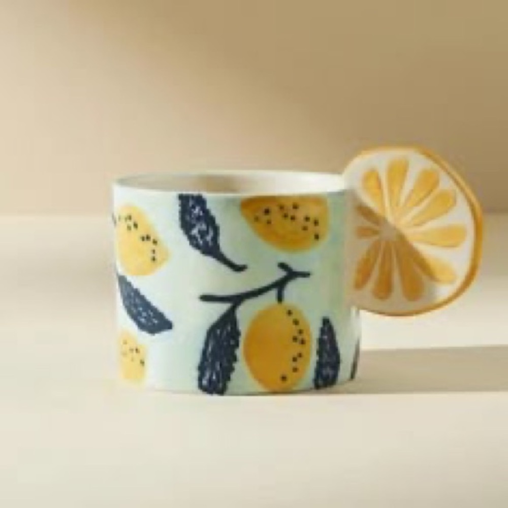 (2) Anthropologie Lemon Print Mug with Citrus Handle